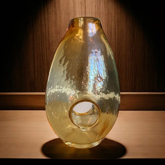 Amber Glass Art Vase With Unique Cutout Design - Picture 1 of 7